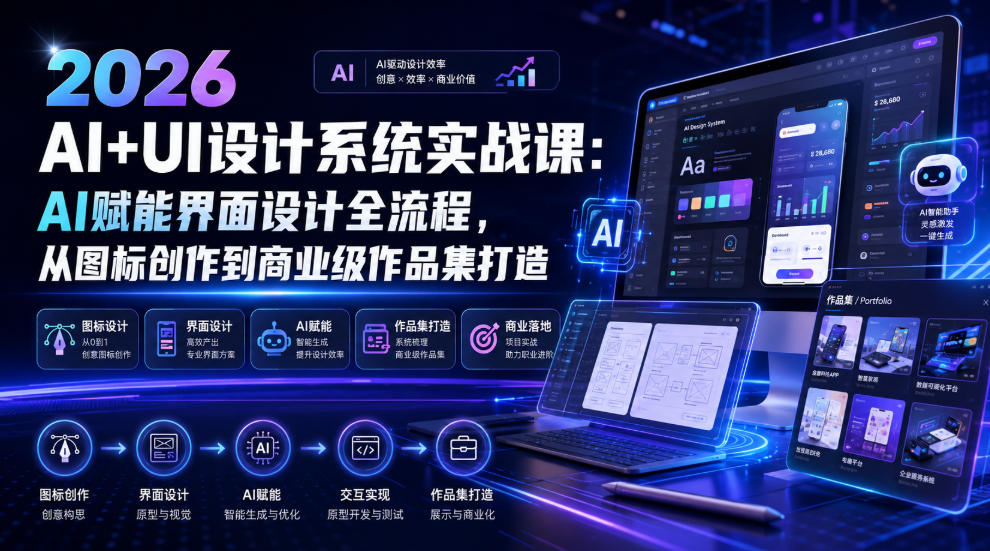 2026 AI+UI设计系统实战课：AI赋能界面设计全流程，从图标创作到商业级作品集打造-HEIXMI（中国站）