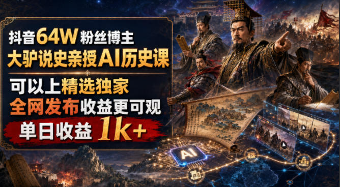 抖音64W粉丝博主大驴说史亲授AI历史课，可以上精选独家，全网发布收益更可观，单日收益1k+-HEIXMI（中国站）