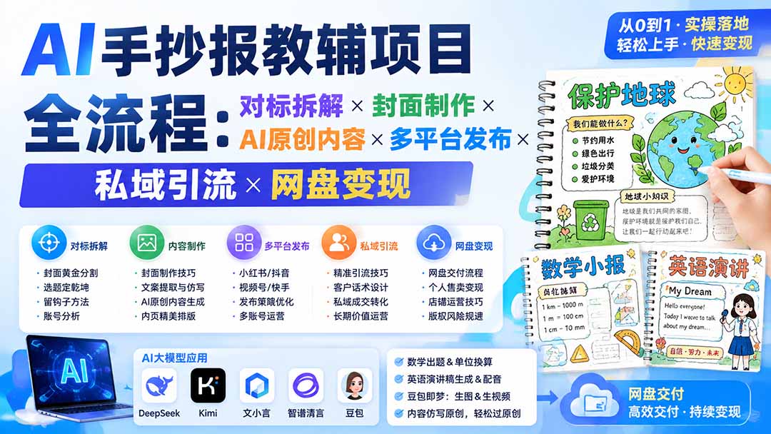 AI手抄报教辅项目全流程：对标拆解×封面制作×AI原创内容×多平台发布×私域引流×网盘变现-HEIXMI（中国站）