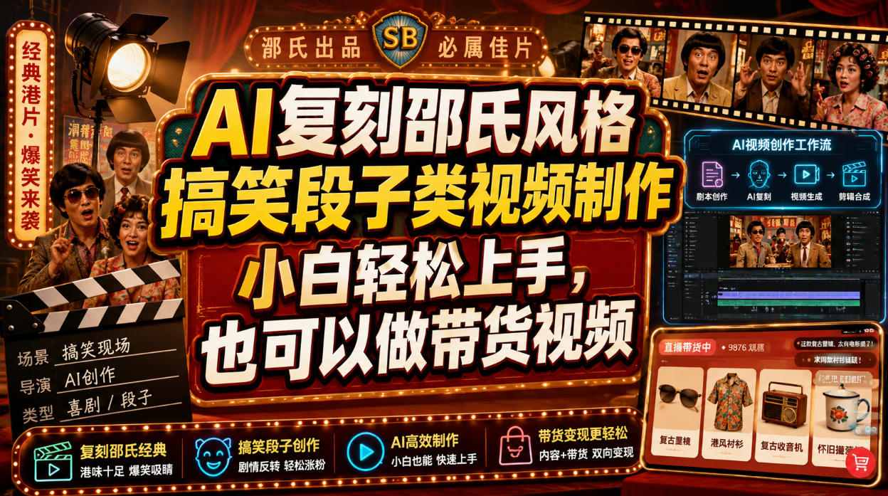 AI复刻邵氏风格搞笑段子类视频制作，小白轻松上手，也可以做带货视频-HEIXMI（中国站）
