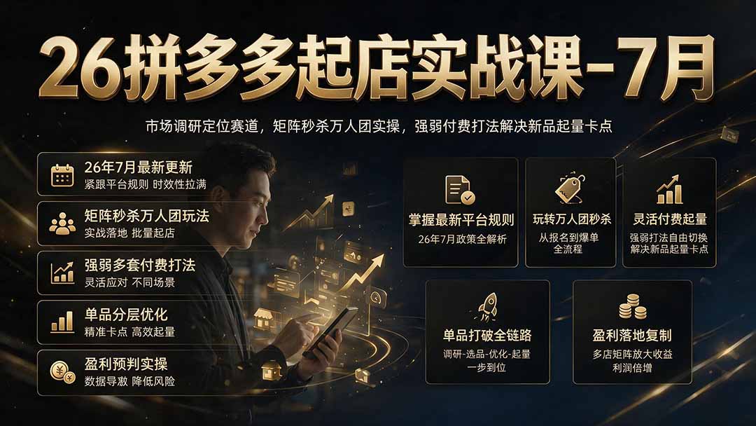 26拼多多起店实战课-7月｜市场调研定位赛道，矩阵秒杀万人团实操，强弱付费打法解决新品起量卡点-HEIXMI（中国站）