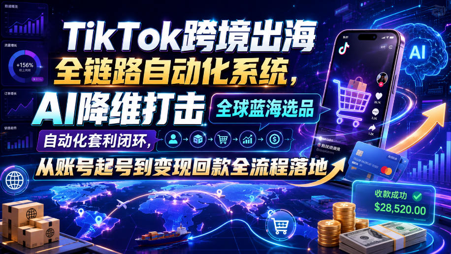 TikTok跨境出海全链路自动化系统，AI降维打击全球蓝海选品自动化套利闭环，从账号起号到变现回款全流程落地(2026年7月)-HEIXMI（中国站）