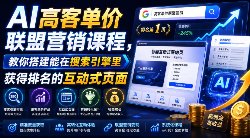 AI高客单价联盟营销课程，教你搭建能在搜索引擎里获得排名的互动式页面，引来流量，把访客转化为高佣金的成交【原创双语字幕】-HEIXMI（中国站）