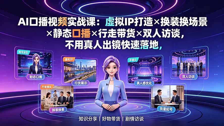 AI口播视频实战课：虚拟IP打造×换装换场景×静态口播×行走带货×双人访谈，不用真人出镜快速落地-HEIXMI（中国站）