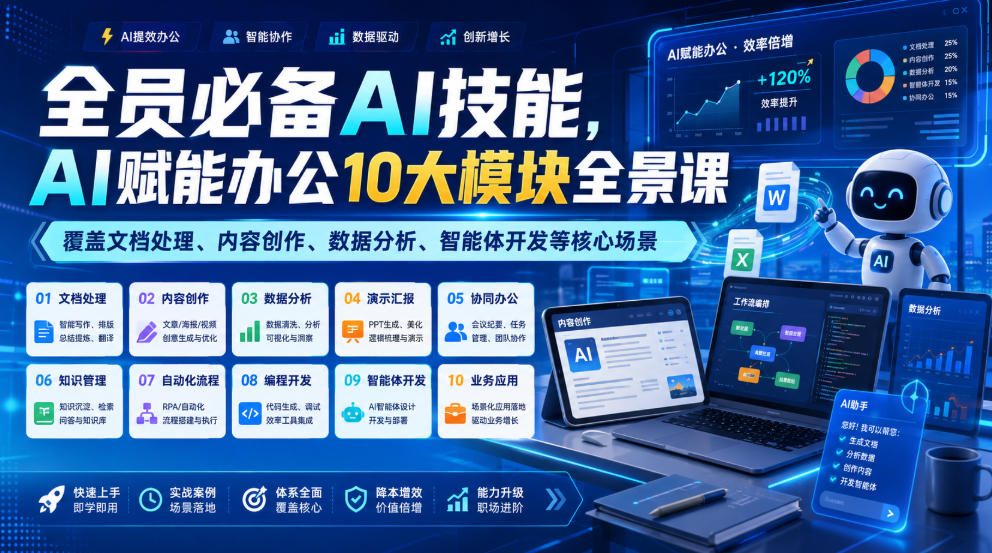 全员必备AI技能，AI赋能办公10大模块全景课，覆盖文档处理、内容创作、数据分析、智能体开发等核心场景-HEIXMI（中国站）