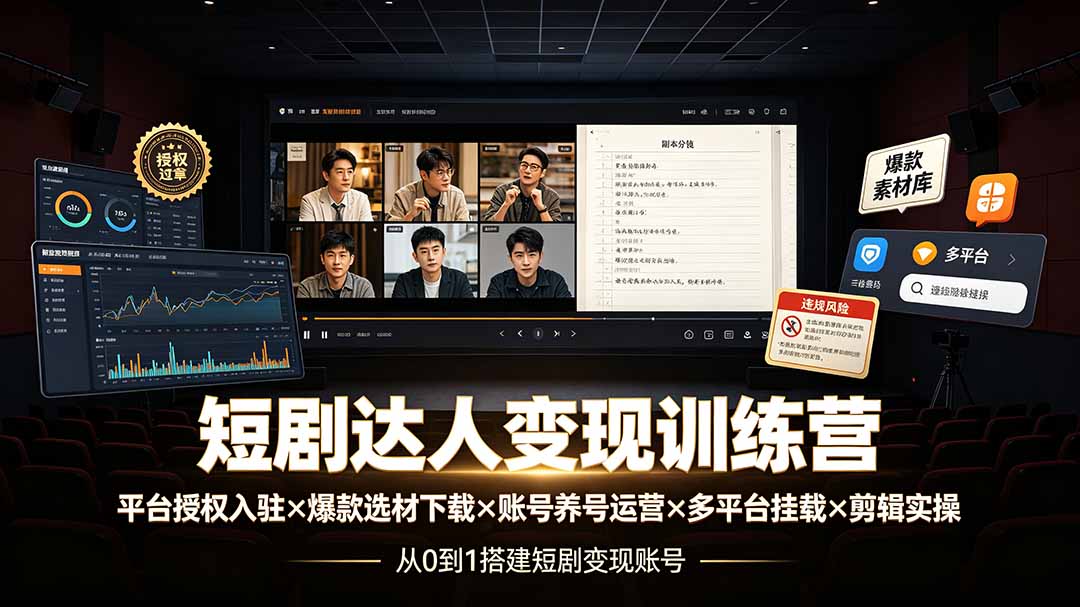 短剧达人变现训练营：平台授权入驻×爆款选材下载×账号养号运营×多平台挂载×剪辑实操×违规处理全流程-HEIXMI（中国站）