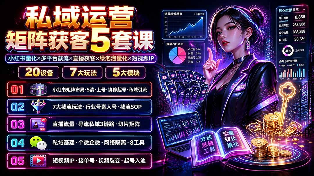 私域运营矩阵获客5套课：小红书量化×多平台截流×直播获客×绿泡泡量化×短视频IP×20设备×7大玩法-HEIXMI（中国站）