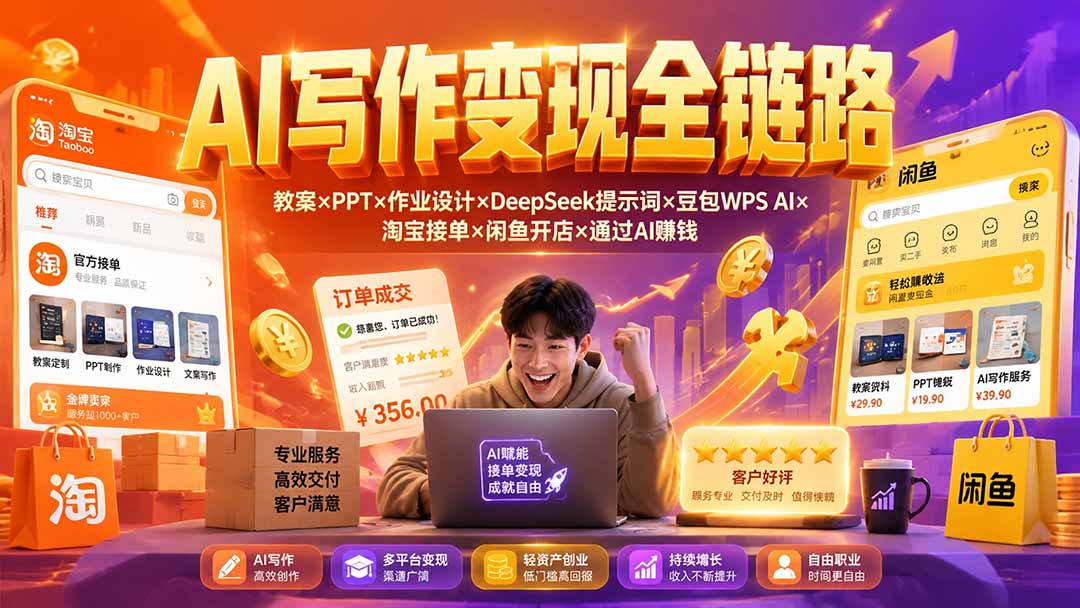 2026AI写作变现全链路：教案×PPT×作业设计×DeepSeek提示词×豆包WPS AI×淘宝接单×闲鱼开店×通过AI賺钱-HEIXMI（中国站）