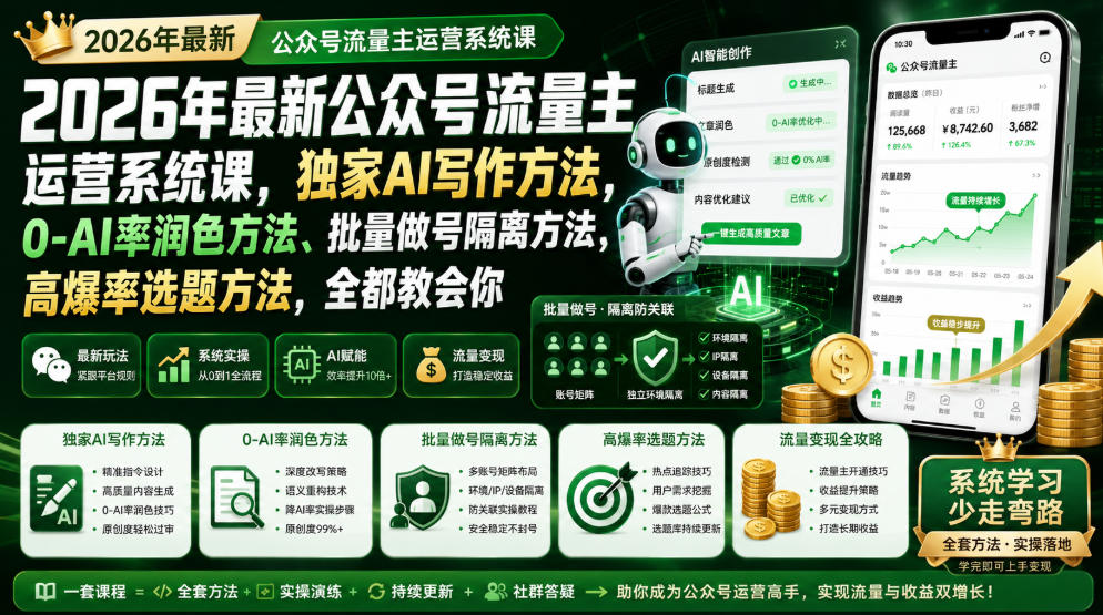 2026年最新公众号流量主运营系统课，独家AI写作方法，0-AI率润色方法、批量做号隔离方法、高爆率选题方法，全都教会你-HEIXMI（中国站）