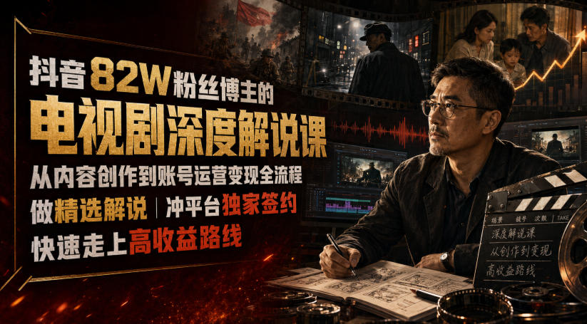 抖音82W粉丝博主的电视剧深度解说课，从内容创作到账号运营变现全流程，做精选解说，冲平台独家签约，快速走上高收益路线-HEIXMI（中国站）