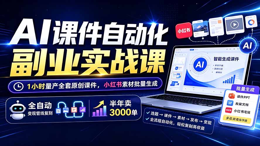 AI课件自动化副业实战课：1小时量产全套原创课件×小红书素材批量生成×全自动变现管线×半年卖3000单-HEIXMI（中国站）