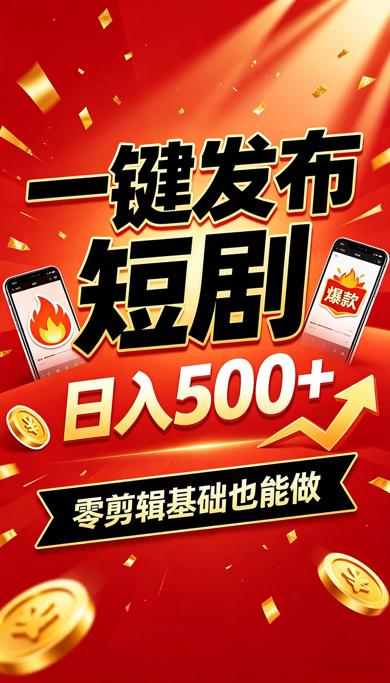 快手短剧一键发布，不用剪辑操作简单，副业日入500+。空闲时间轻松赚收益-HEIXMI（中国站）