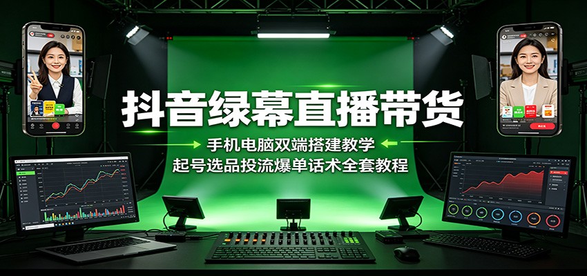 抖音绿幕直播带货：手机电脑双端搭建教学，起号选品投流爆单话术全套教程-HEIXMI（中国站）