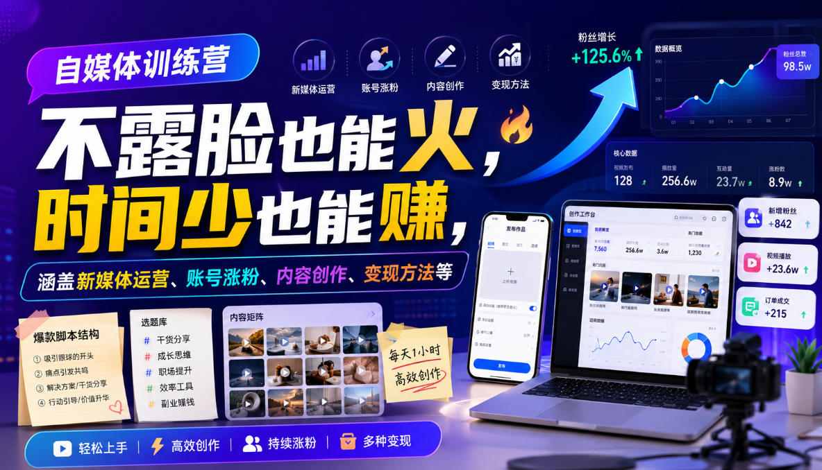 自媒体训练营，不露脸也能火，时间少也能賺，涵盖新媒体运营、账号涨粉、内容创作、变现方法等-HEIXMI（中国站）