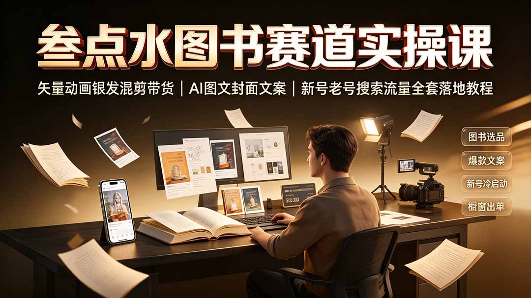 叁点水图书赛道实操课｜矢量动画银发混剪带货，AI图文封面文案，新号老号搜索流量全套落地教程-HEIXMI（中国站）