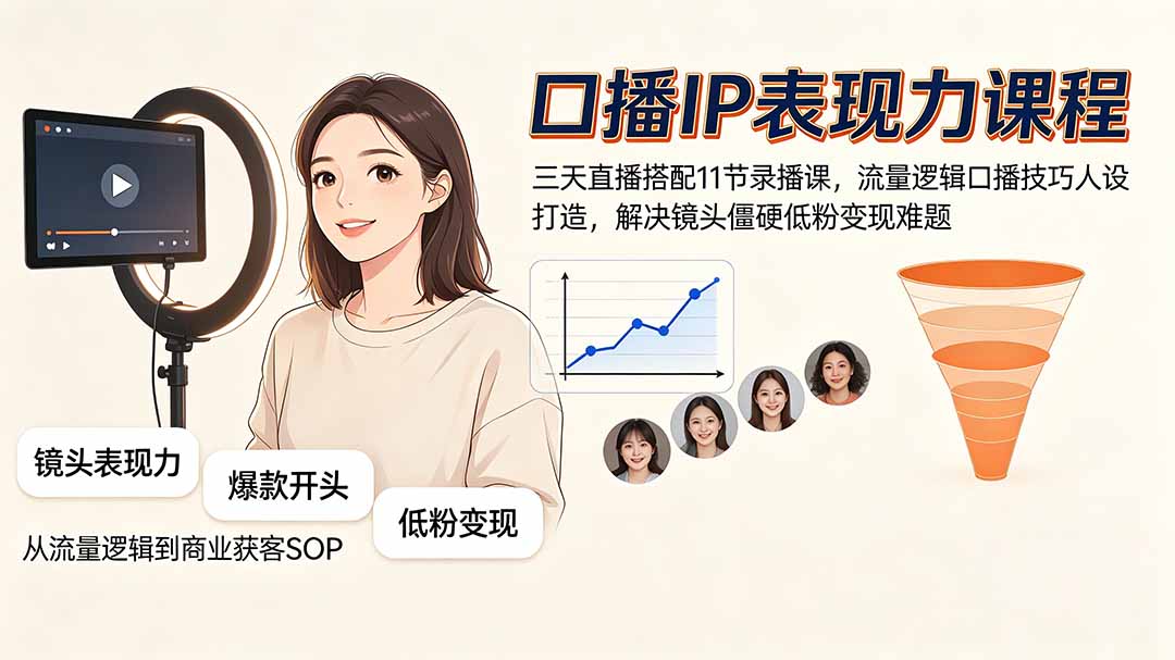 口播IP表现力课程｜三天直播搭配11节录播课，流量逻辑口播技巧人设打造，解决镜头僵硬低粉变现难题-HEIXMI（中国站）