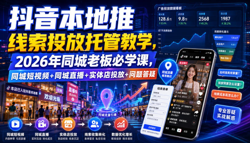 抖音本地推线索投放托管教学，2026年同城老板必学课，同城短视频+同城直播+实体店投放+问题答疑-HEIXMI（中国站）