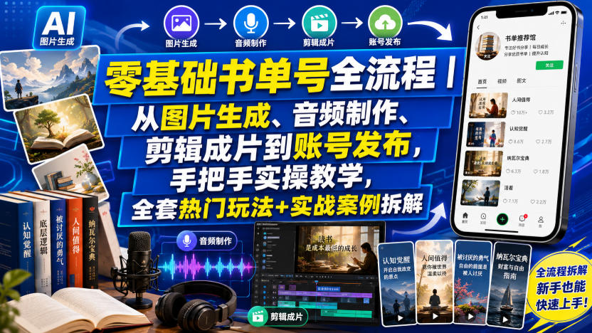 零基础书单号全流程｜从图片生成、音频制作、剪辑成片到账号发布，手把手实操教学，全套热门玩法+实战案例拆解-HEIXMI（中国站）