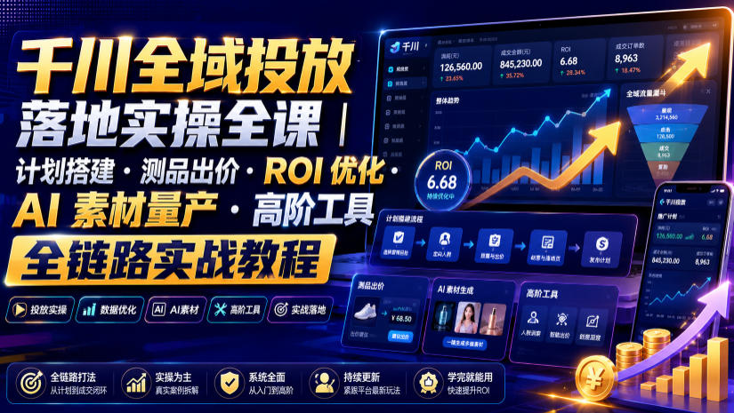 千川全域投放落地实操全课｜计划搭建・测品出价・ROI优化・AI素材量产・高阶工具全链路实战教程-HEIXMI（中国站）