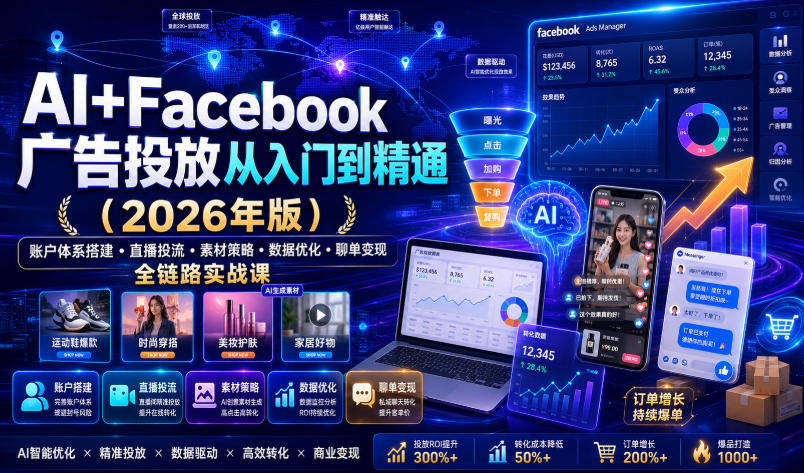AI+Facebook广告投放从入门到精通(2026年版)｜账户体系搭建・直播投流・素材策略・数据优化・聊单变现全链路实战课-HEIXMI（中国站）