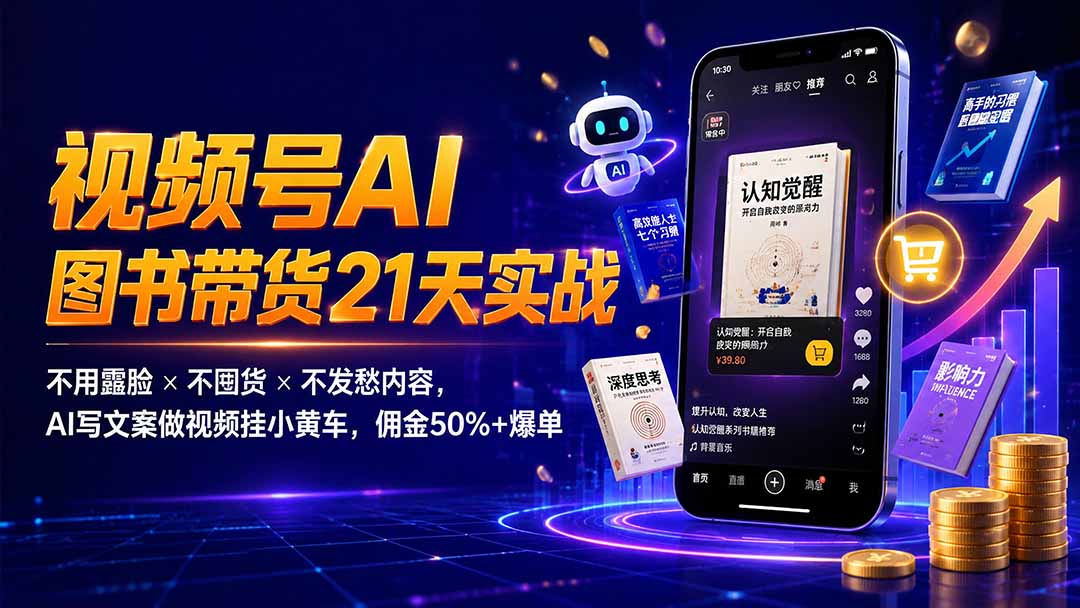 繁花视频号AI图书带货21天实战：不用露脸×不囤货×不发愁内容，AI写文案做视频挂小黄车，佣金50%+爆单-HEIXMI（中国站）