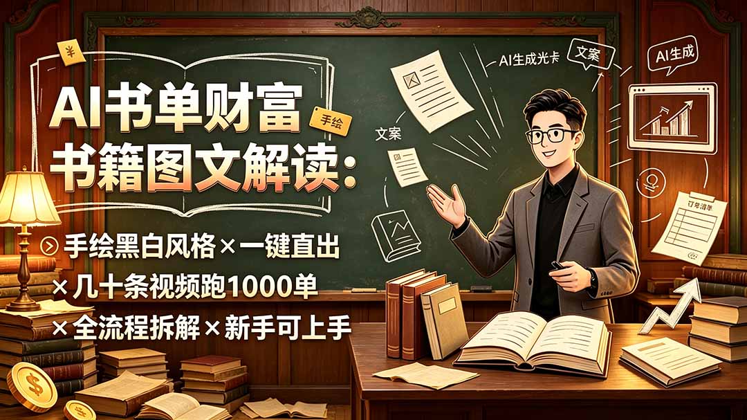 AI书单财富书籍图文解读：手绘黑白风格×一键直出×几十条视频跑1000单×全流程拆解×新手可上手-HEIXMI（中国站）
