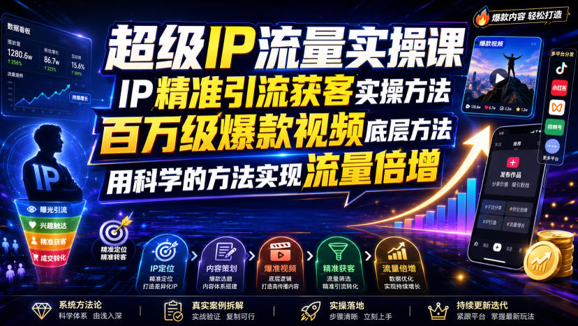 超级IP流量实操课，IP精准引流获客实操方法，百万级爆款视频底层方法，用科学的方法实现流量倍增-HEIXMI（中国站）