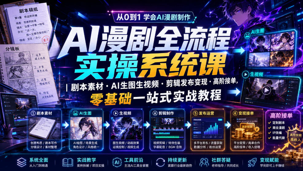 AI漫剧全流程实操系统课｜剧本素材・AI生图生视频・剪辑发布变现・高阶接单，零基础一站式实战教程-HEIXMI（中国站）