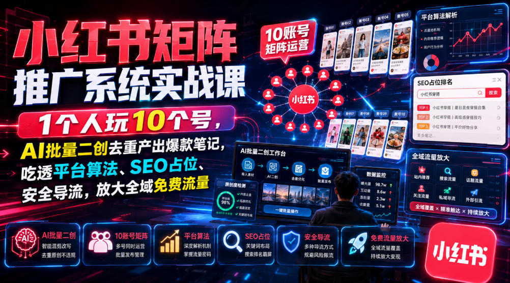 小红书矩阵推广系统实战课｜1个人玩10个号，AI批量二创去重产出爆款笔记，吃透平台算法、SEO占位、安全导流，放大全域免费流量-HEIXMI（中国站）