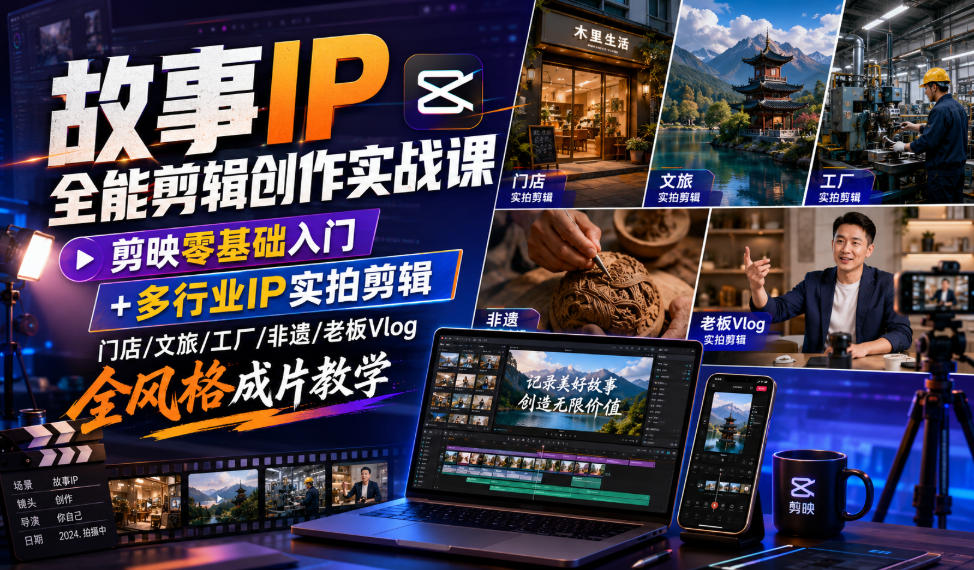 故事IP全能剪辑创作实战课｜剪映零基础入门+多行业IP实拍剪辑，门店/文旅/工厂/非遗/老板Vlog全风格成片教学-HEIXMI（中国站）