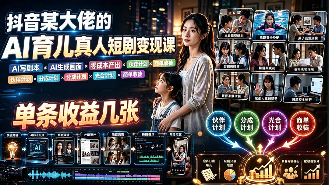 AI育儿真人短剧变现课：AI写剧本×AI生成画面×零成本产出×伙伴计划×分成计划×光合计划×商单收徒-HEIXMI（中国站）