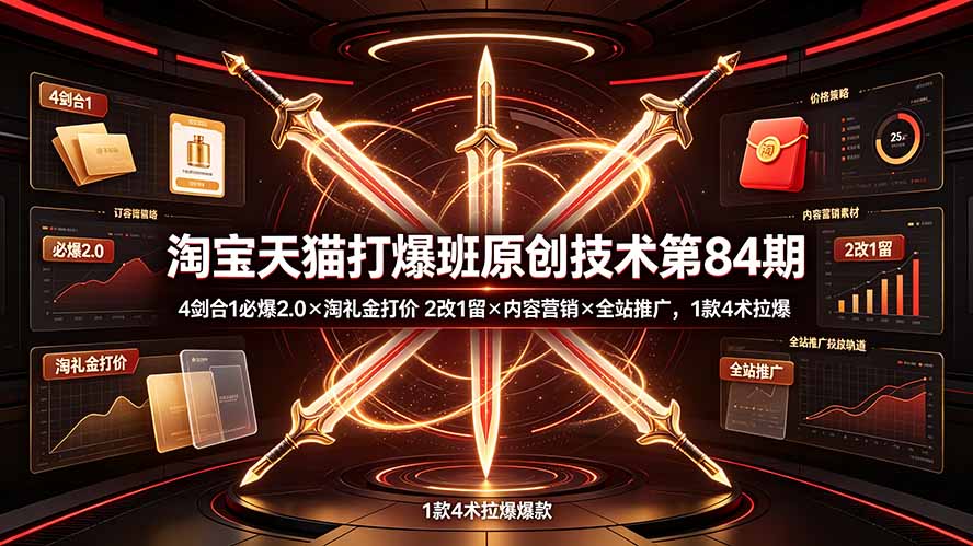 淘宝天猫打爆班原创技术第84期：4剑合1必爆2.0×淘礼金打价×2改1留×内容营销×全站推广，1款4术拉爆-HEIXMI（中国站）