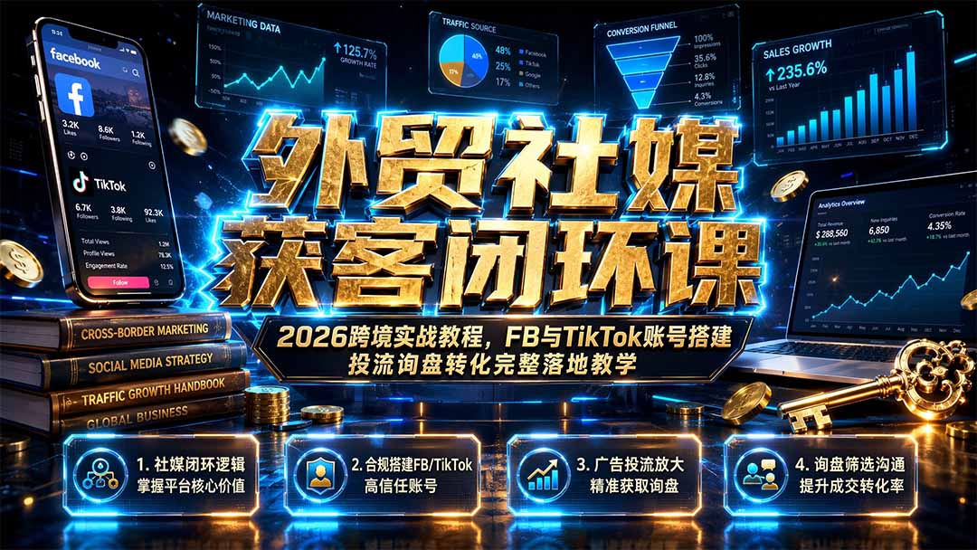 外贸社媒获客闭环课｜2026跨境实战教程，FB与TikTok账号搭建投流询盘转化完整落地教学-HEIXMI（中国站）