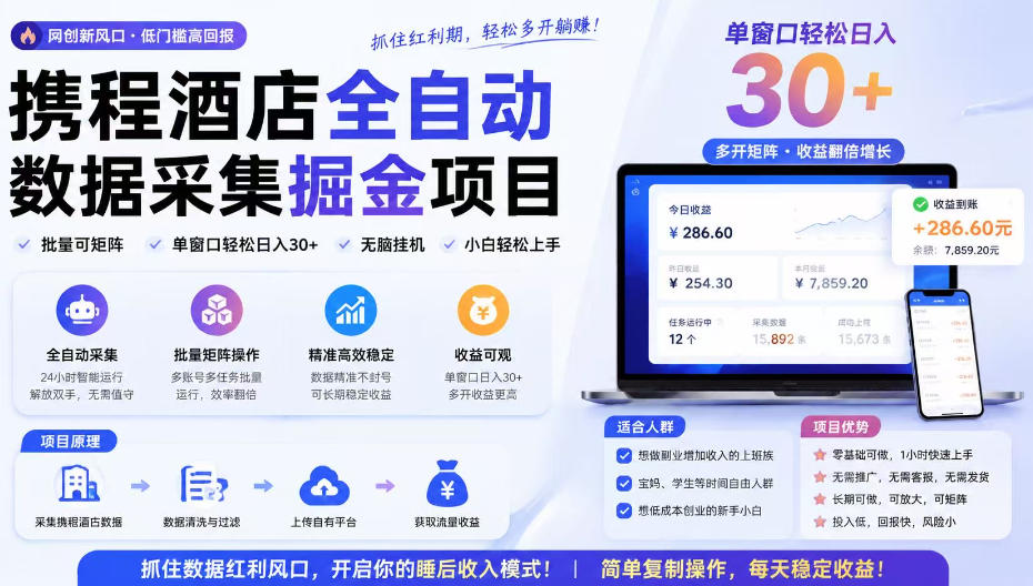 携程酒店采集挂G项目，批量可矩阵，单机轻松日入300+，开启你的睡后收入模式!【揭秘】-HEIXMI（中国站）