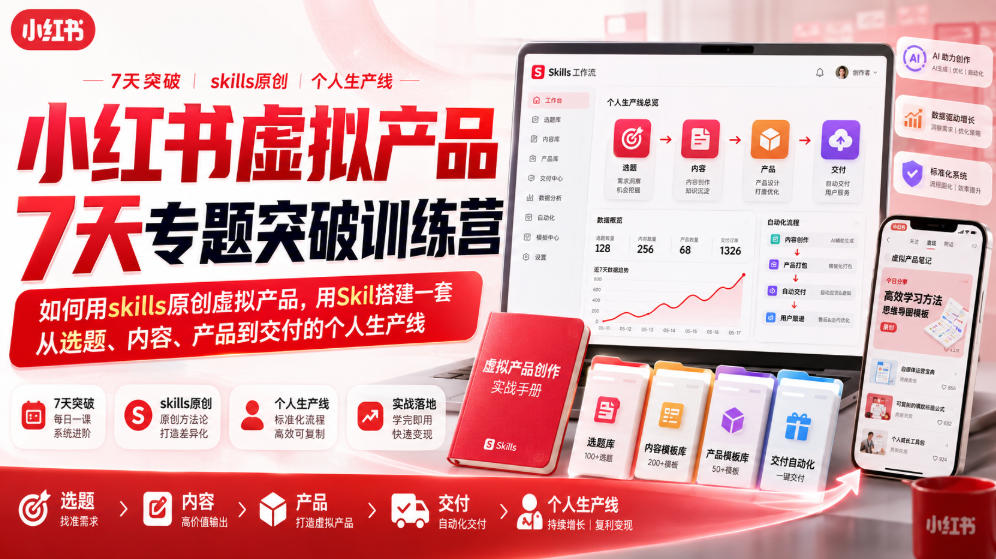 小红书虚拟产品7天专题突破训练营，如何用skills原创虚拟产品，用Skil搭建一套从选题、内容、产品到交付的个人生产线-HEIXMI（中国站）