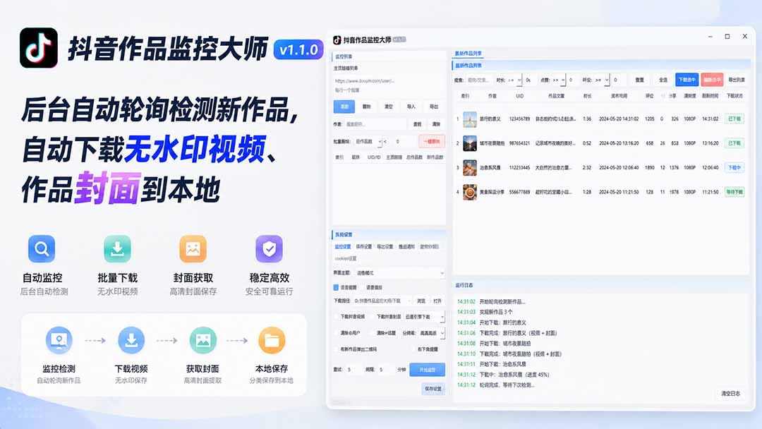抖音作品监控大师v1.1.0：后台自动轮询检测新作品，自动下载无水印视频、作品封面到本地-HEIXMI（中国站）