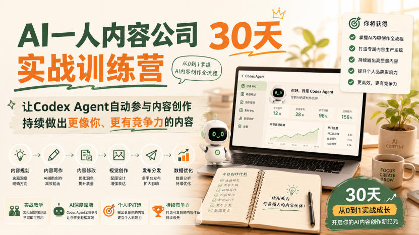 AI一人内容公司30天实战训练营，让Codex Agent自动参与内容创作持续做出更像你、更有竞争力的内容-HEIXMI（中国站）