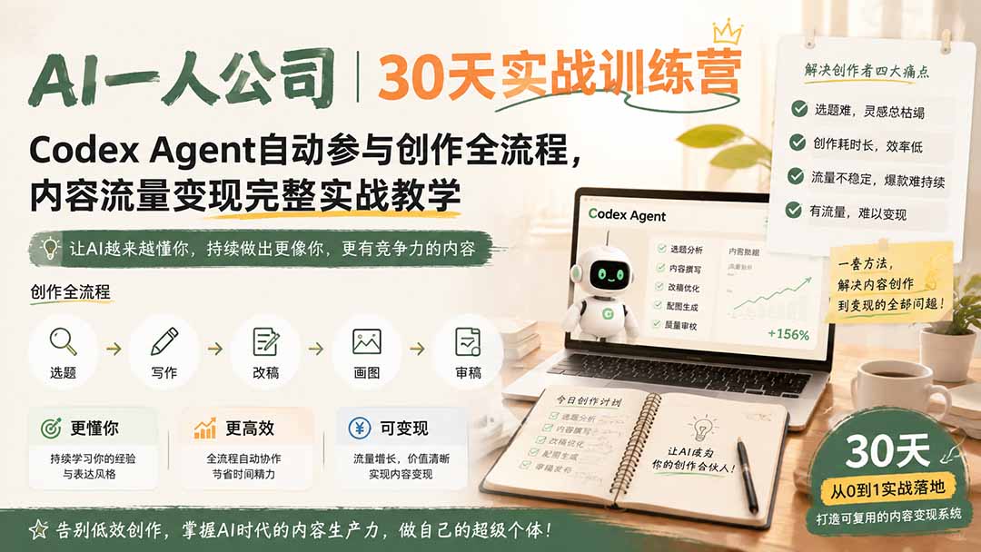 AI一人公司｜30天实战训练营；Codex Agent自动参与创作全流程，内容流量变现完整实战教学-HEIXMI（中国站）