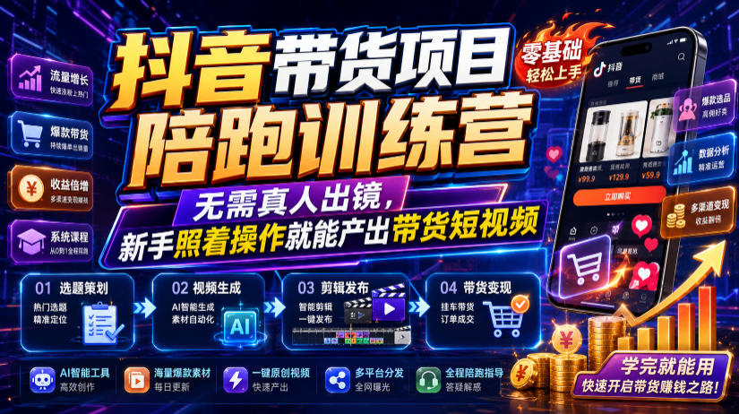 抖音带货项目陪跑训练营，无需真人出镜，新手照着操作就能产出带货短视频(更新0811)-HEIXMI（中国站）