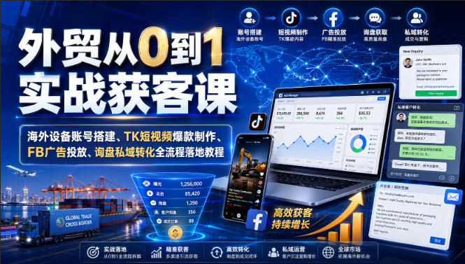 外贸从0到1实战获客课｜海外设备账号搭建、TK短视频爆款制作、FB广告投放、询盘私域转化全流程落地教程-HEIXMI（中国站）