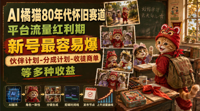 AI橘猫80年代怀旧赛道，平台流量红利期，新号最容易爆，伙伴计划-分成计划-收徒商单等多种收益-HEIXMI（中国站）