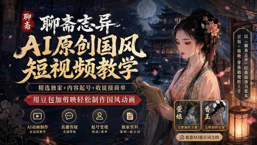 聊斋志异AI原创国风短视频教学；精选独家+内容起号+收徒接商单，用豆包加剪映轻松制作国风动画-HEIXMI（中国站）