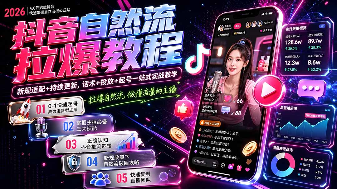 抖音自然流拉爆教程-更新8月：做懂流量的主播，新规适配+持续更新，话术+投放+起号一站式实战教学-HEIXMI（中国站）