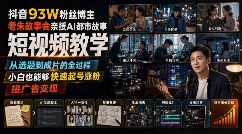 抖音93W粉丝博主老朱故事会亲授AI都市故事短视频教学，从选题到成片的全过程，小白也能够快速起号涨粉接广告变现-HEIXMI（中国站）