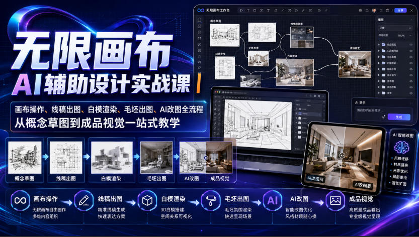 无限画布AI辅助设计实战课｜画布操作、线稿出图、白模渲染、毛坯出图、AI改图全流程，从概念草图到成品视觉一站式教学-HEIXMI（中国站）