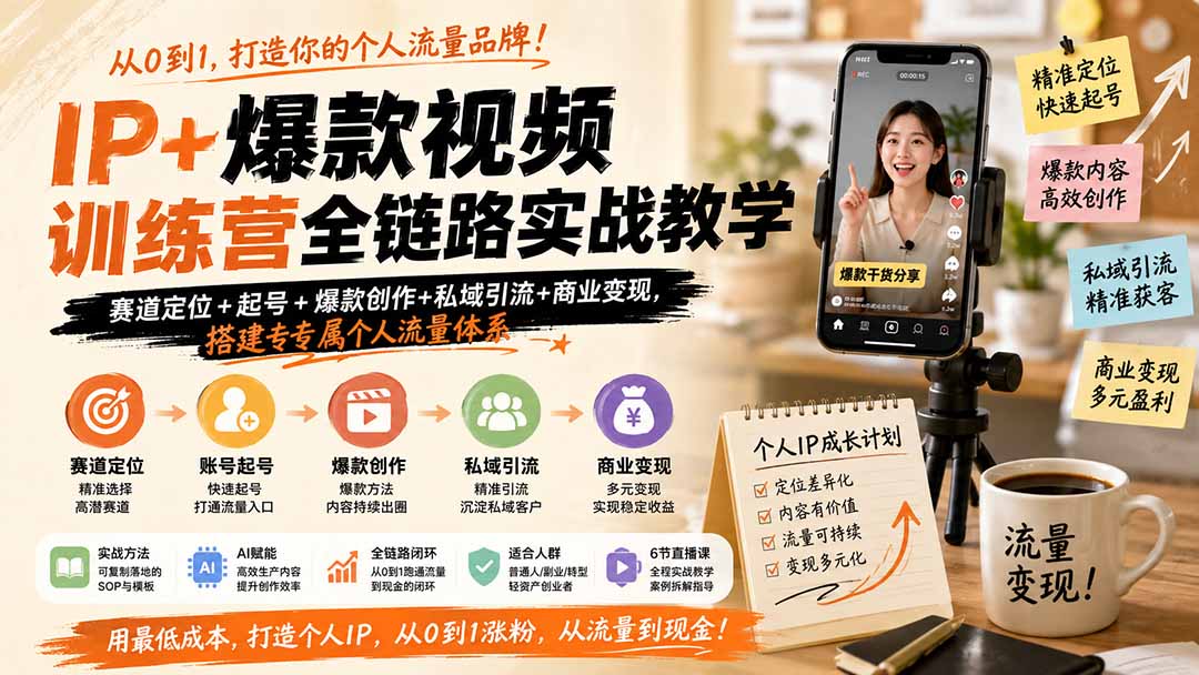 IP+爆款视频训练营全链路实战教学；赛道定位+起号+爆款创作+私域引流+商业变现，搭建专属个人流量体系-HEIXMI（中国站）