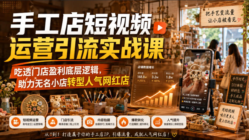 手工店短视频运营引流实战课，吃透门店盈利底层逻辑，助力无名小店转型人气网红店-HEIXMI（中国站）