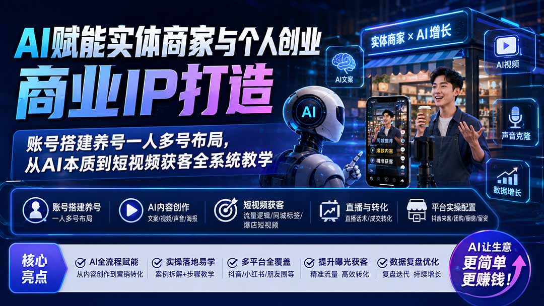 AI赋能实体商家与个人创业商业IP打造；账号搭建养号一人多号布局，从AI本质到短视频获客全系统教学-HEIXMI（中国站）