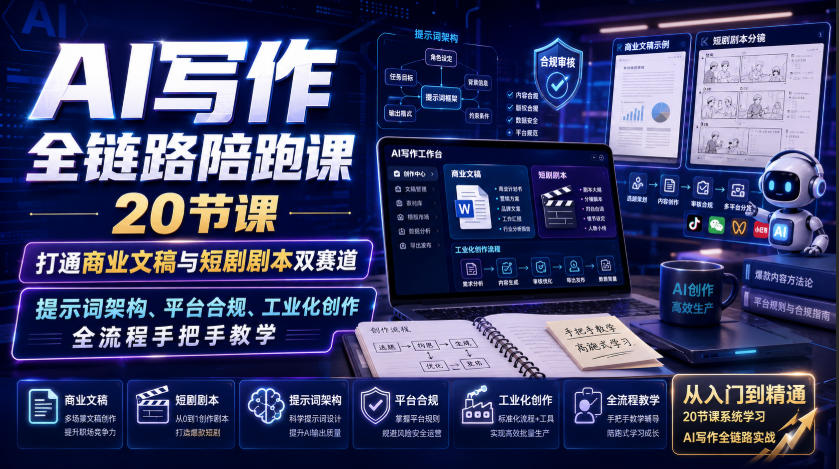 AI写作全链路陪跑课｜20节课打通商业文稿与短剧剧本双赛道，提示词架构、平台合规、工业化创作全流程手把手教学-HEIXMI（中国站）