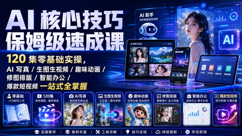 AI核心技巧保姆级速成课｜120集零基础实操，AI写真/生图生视频/趣味动画/修图排版/智能办公/爆款短视频一站式全掌握-HEIXMI（中国站）